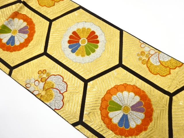 JAPANESE KIMONO / ANTIQUE FUKURO OBI / SILK / WOVEN KIKU & PAULOWNIA
